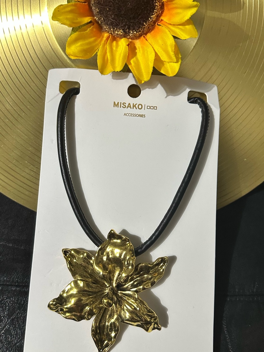 Gold Floral Statement Necklace on Black Cord